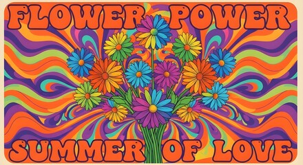 a bouquet of rainbow daisies radiates from the center like a kaleidoscope mandala.