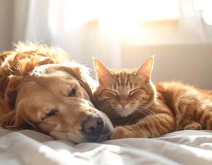Golden Retriever and orange tabby cat sleep together in sunlight