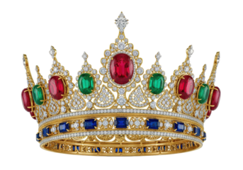 Stunning golden crown adorned with vibrant rubies, emeralds, sapphires, and sparkling diamonds fit for royalty, making a bold statement of power and luxury