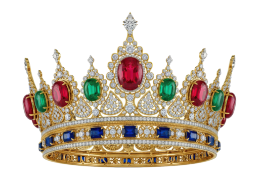 Stunning golden crown adorned with vibrant rubies, emeralds, sapphires, and sparkling diamonds fit for royalty, making a bold statement of power and luxury