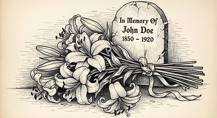 a somber bouquet of lilies rests on a gravestone, carved in monochrome hatching. 
