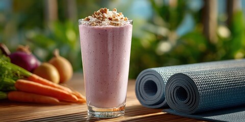 A glass of smoothie sits on a table next to a yoga mat