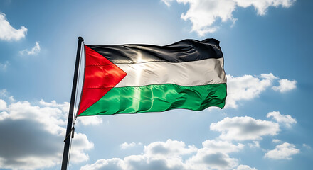 The palestinian flag waves proudly against a bright blue sky with fluffy white clouds