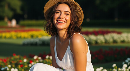 Joyful woman in flower garden