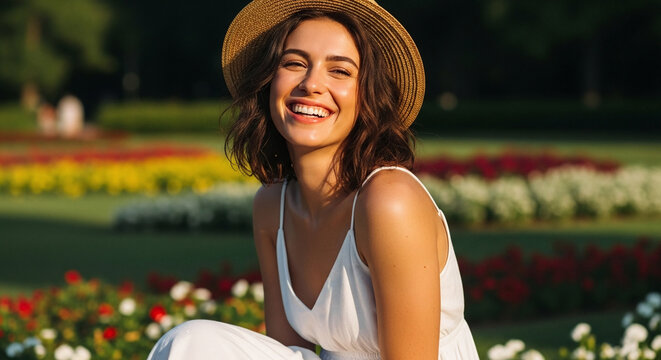 Joyful woman in flower garden