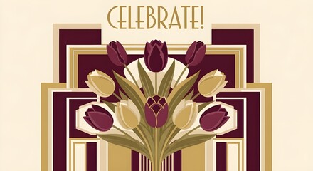 a bouquet of tulips sits at the center framed by geometric borders and gold lettering reading “Celebrate!”. 