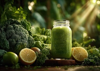 A jar of green juice is surrounded by a variety of fruits and vegetables