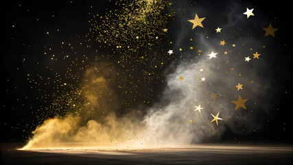 Golden and white glittering stars exploding in smoke