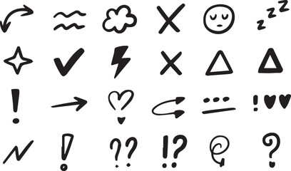 Line movement effect element, Hand drawn cute doodle line element arrow,  cartoon emotion effect decoration icon. emphasis, shock, sparkle. Anime movement, express shape. Vector illustration.