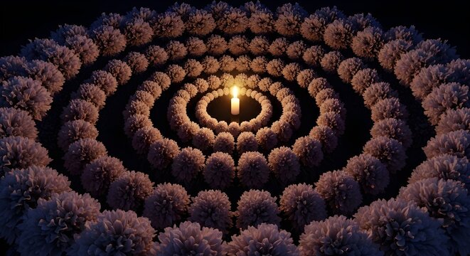 a spiral of bouquets circles endlessly around a single glowing candle floating in darkness.
