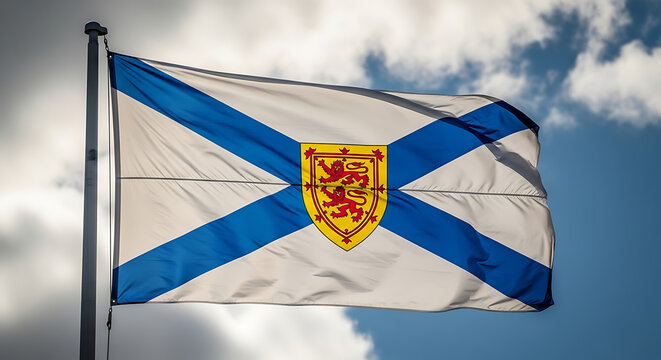 Nova scotia flag waving proudly against a dramatic cloudy sky