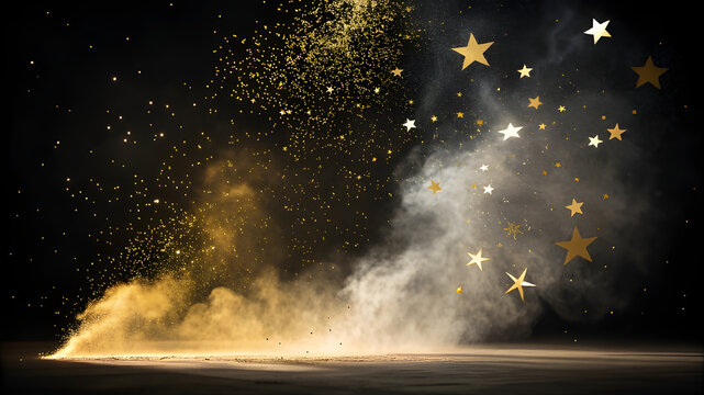 Golden and white glittering stars exploding in smoke - Powered by Adobe