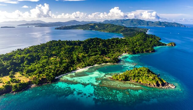 Aerial view captures a lush, green tropical island with a sandy beach, surrounded by clear turquoise and deep blue ocean waters