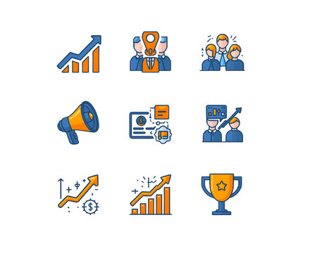 Collection of business and finance icons isolated on transparent background