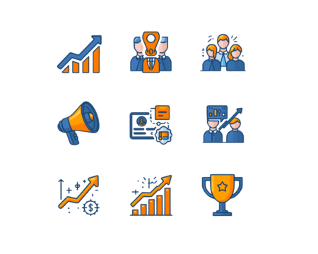 Collection of business and finance icons isolated on transparent background