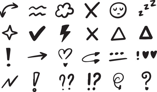 Line movement effect element, Hand drawn cute doodle line element arrow,  cartoon emotion effect decoration icon. emphasis, shock, sparkle. Anime movement, express shape. Vector illustration.