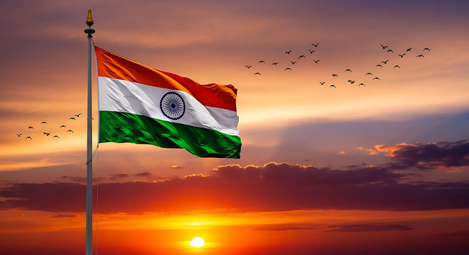 Indian flag waving proudly against a dramatic sunset sky with birds flying - Powered by Adobe
