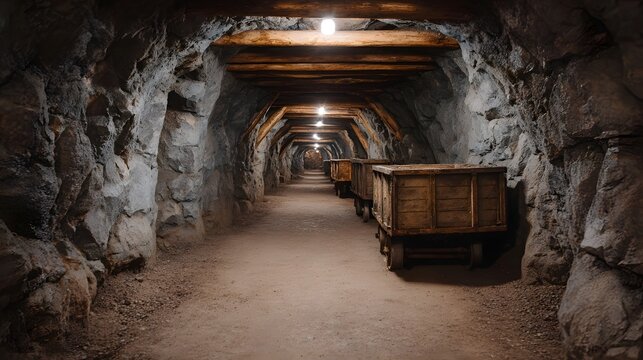 A dimly lit mine tunnel with rough rock walls wooden supports and old mine carts on tracks