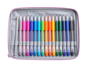 Colorful Gel Pens Neatly Arranged in Open Pencil Case, Top-Down View, Isolated on White Background