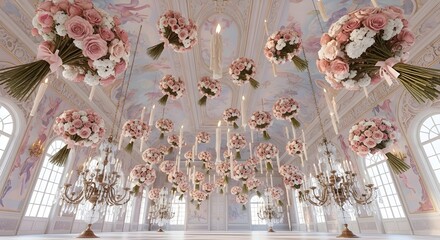 dozens of bouquets float upward toward the ceiling of a ballroom, candles hanging downward like stalactites. Wide worm’s-eye shot emphasizes inverted scale.