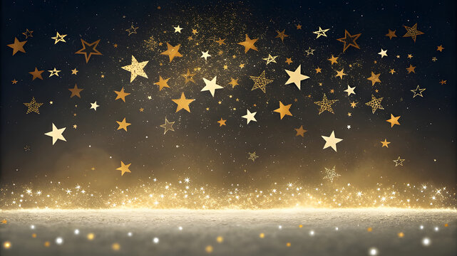 Sparkling golden stars falling on a glittering ground