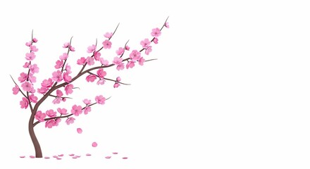 Obraz premium A delicate pink cherry blossom tree in full bloom, with petals scattering in the wind on a clean white background