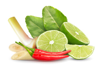Galangal lemongrass kaffir lime leaves lime red chili pepper composition isolated on white background. Tom yum ingredient
