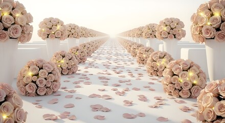 a wedding aisle stretches to infinity, lined with identical bouquets of roses glowing faintly, each bouquet larger the further it goes. 