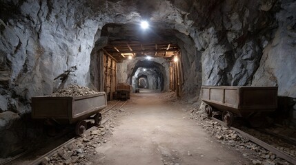 An underground mine tunnel with ore carts on tracks illuminated by lights receding into the darkness