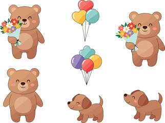 Cartoon animals, cute bears, playful dogs, colorful balloons, festive illustration, kids design, cheerful characters, flower bouquet, vibrant colors, celebration theme, decorative artwork