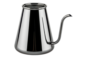 Modern stainless steel pour-over coffee kettle with gooseneck spout isolated on transparent background