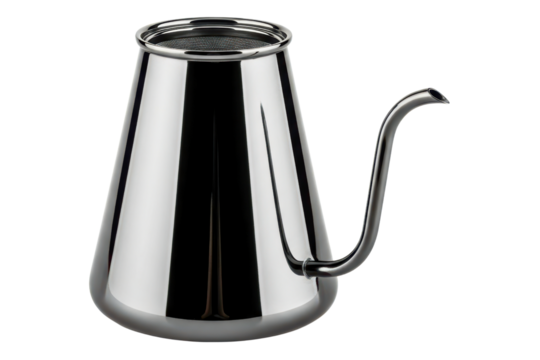 Modern stainless steel pour-over coffee kettle with gooseneck spout isolated on transparent background