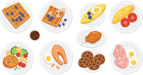 Cartoon breakfast food, diverse meal illustration, sweet and savory dishes, international cuisine, healthy options, child-friendly vector, morning nutrition, colorful plate set, food variety artwork