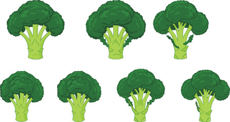 Cartoon broccoli, vegetable icons, green food, healthy eating, cute design, nutrition concept, kids illustration, plant-based graphic, organic produce, playful style, food character