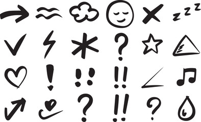 Line movement effect element, Hand drawn cute doodle line element arrow,  cartoon emotion effect decoration icon. emphasis, shock, sparkle. Anime movement, express shape. Vector illustration.