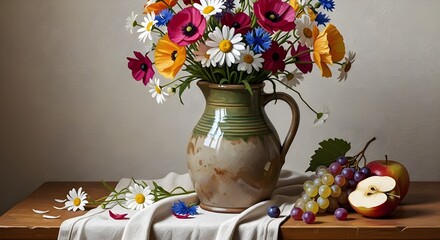 a bouquet of wildflowers rests in a ceramic jug beside fruit and fabric. 