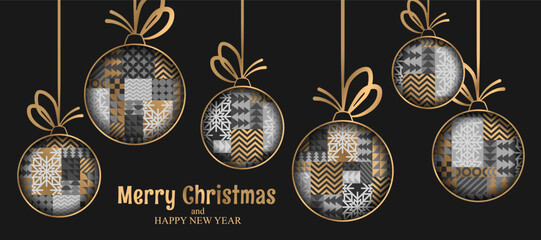 Merry Christmas vector illustration with Christmas balls decoration and geometric shapes pattern isolated on black background. Modern holiday design template for card, poster print, web banner