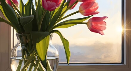 a vase of tulips sits on a windowsill, petals bending toward golden sunlight. 