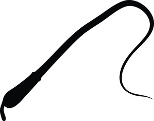 A black silhouette of a classic whip with a curved handle and tapered tail