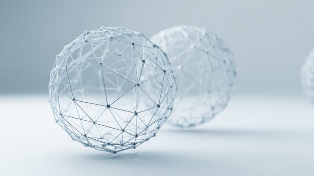 Abstract white spherical structures connected by thin lines representing digital networks and modern technology concepts