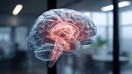 Human Brain with Neural Connections Illuminated in Modern Office Setting Depicting Innovation and Technology