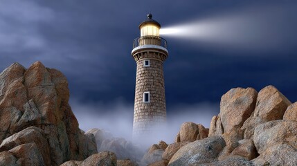 Coastal lighthouse guiding through foggy night sky illuminated stone structure