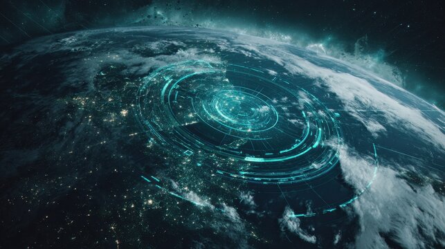Futuristic Digital Earth with High-Tech Graphic Elements Depicting Global Connectivity and Data Visualization in Outer Space