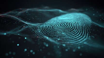 Abstract Digital Fingerprint Illustration with Glowing Particles and Wave Patterns in a Dark Background