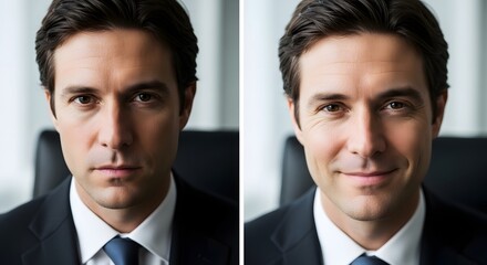Professional businessman in formal attire with a serious expression on the left and a confident smile on the right, showcasing different facial expressions in a corporate setting