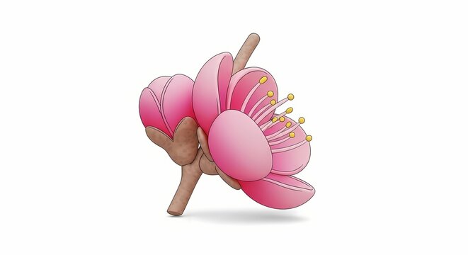 Delicate vector illustration of a single pink sakura blossom blooming on a small branch, representing spring and nature's renewal