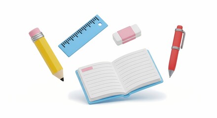 3D illustration of school supplies with a notebook, pencil, pen, ruler, and eraser. An educational concept for back to school isolated on white