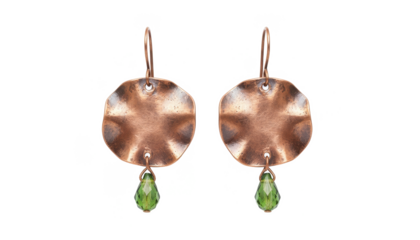 Copper Earrings With Green Crystal Drops on White Background