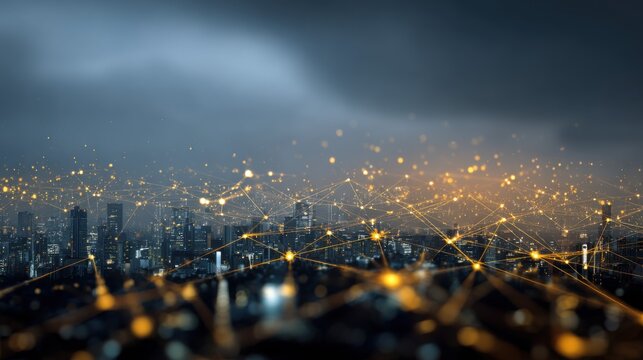 Digital Network Connection In Urban Landscape With Bright Lights Against Dark Sky