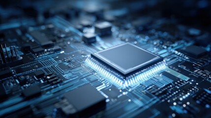 Fototapeta premium Close-Up View of High-Tech Microprocessor on a Printed Circuit Board with Circuit Paths and Components Under Soft Lighting